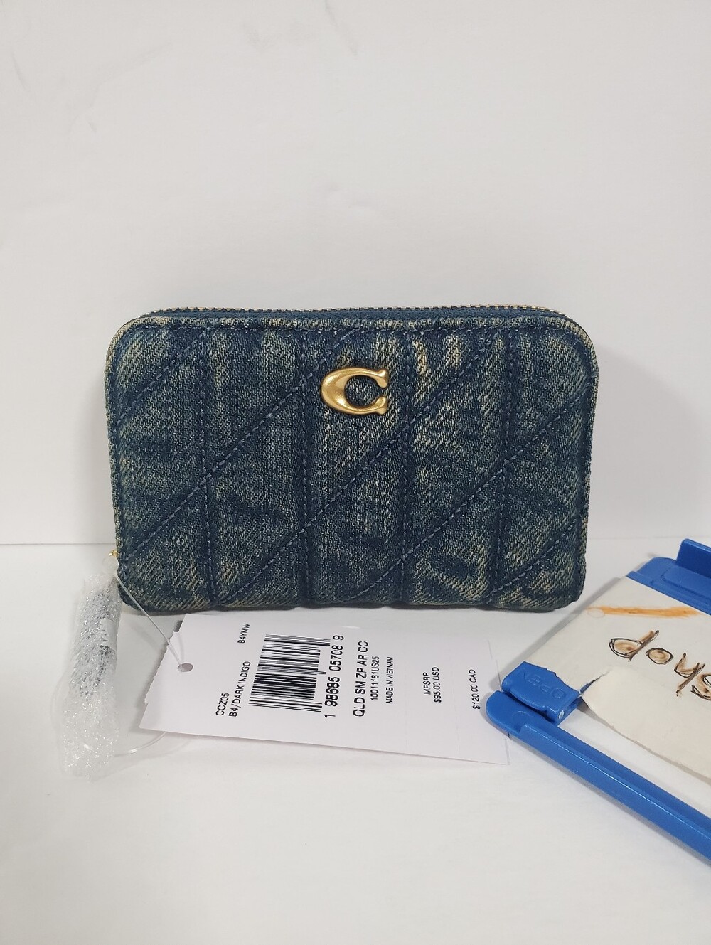Coach Small Zip Around Card Case in Regenerative Cotton Denim with Quilting NWT